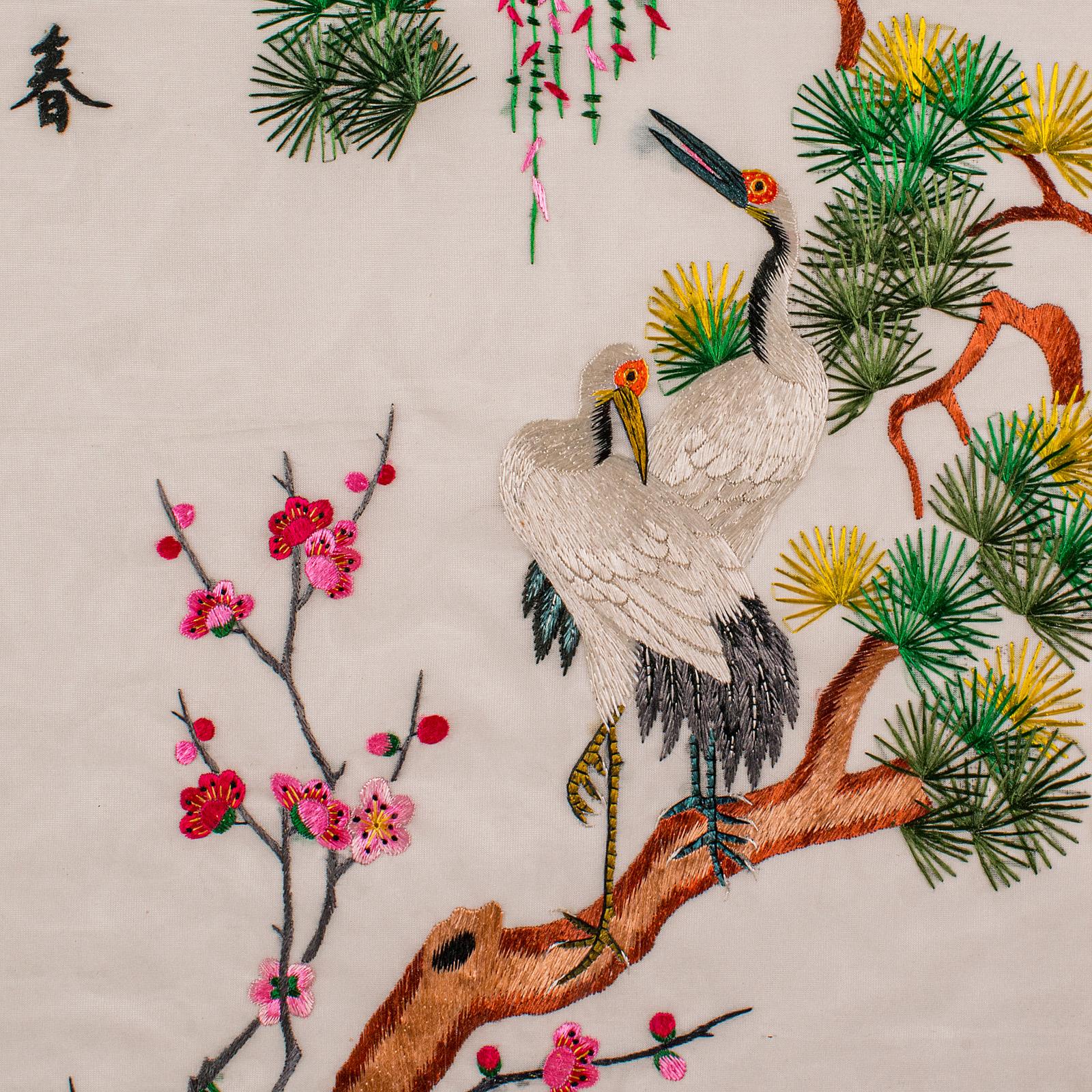 Vintage Embroidered Crane Panel, Korean, Silk Cotton, Embroidery, Art Deco, 1930 For Sale 1