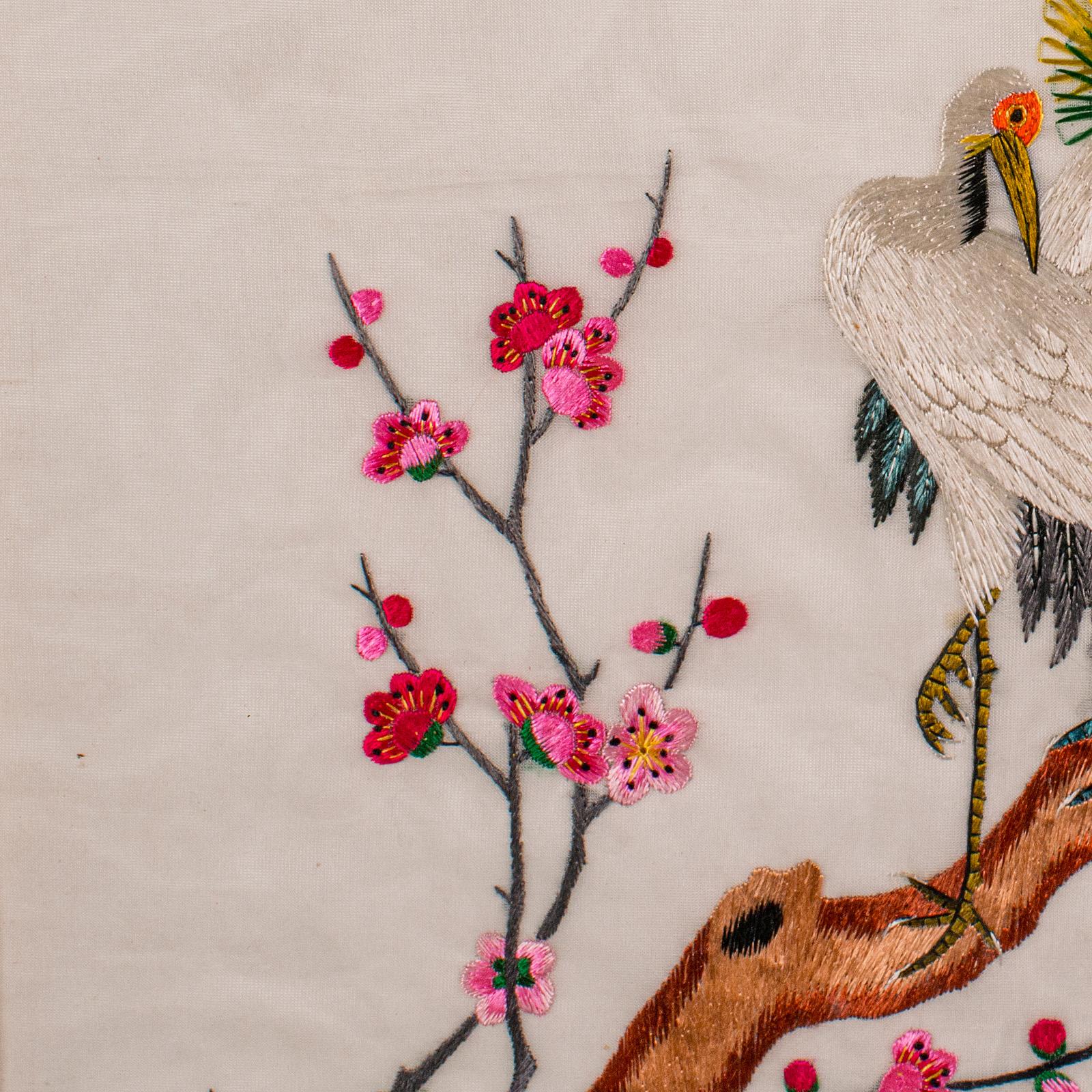Vintage Embroidered Crane Panel, Korean, Silk Cotton, Embroidery, Art Deco, 1930 For Sale 2