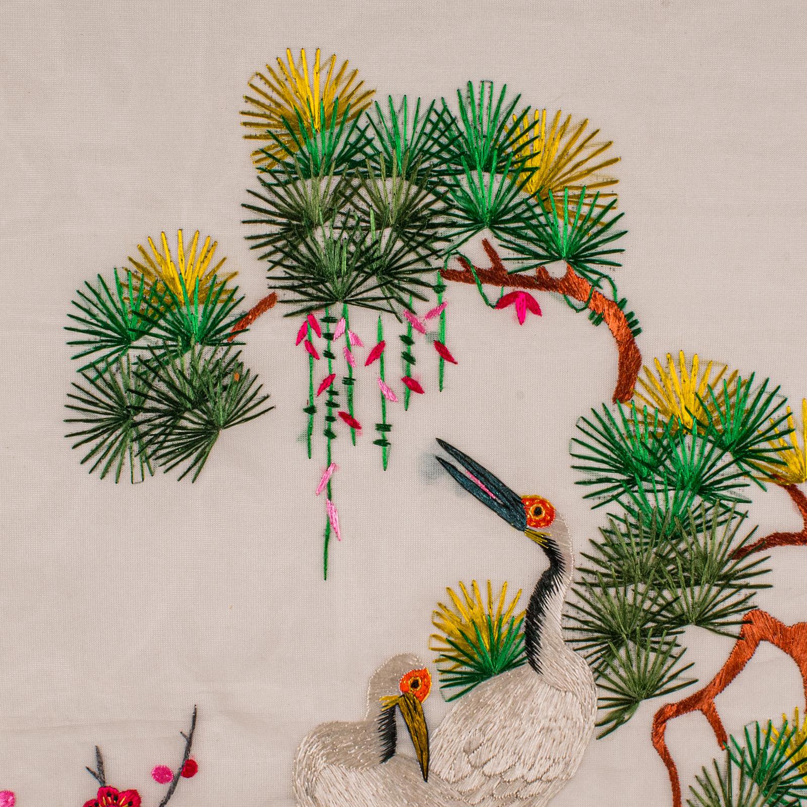 Vintage Embroidered Crane Panel, Korean, Silk Cotton, Embroidery, Art Deco, 1930 For Sale 3