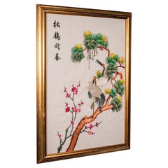 Vintage Embroidered Crane Panel, Korean, Silk Cotton, Embroidery, Art Deco, 1930