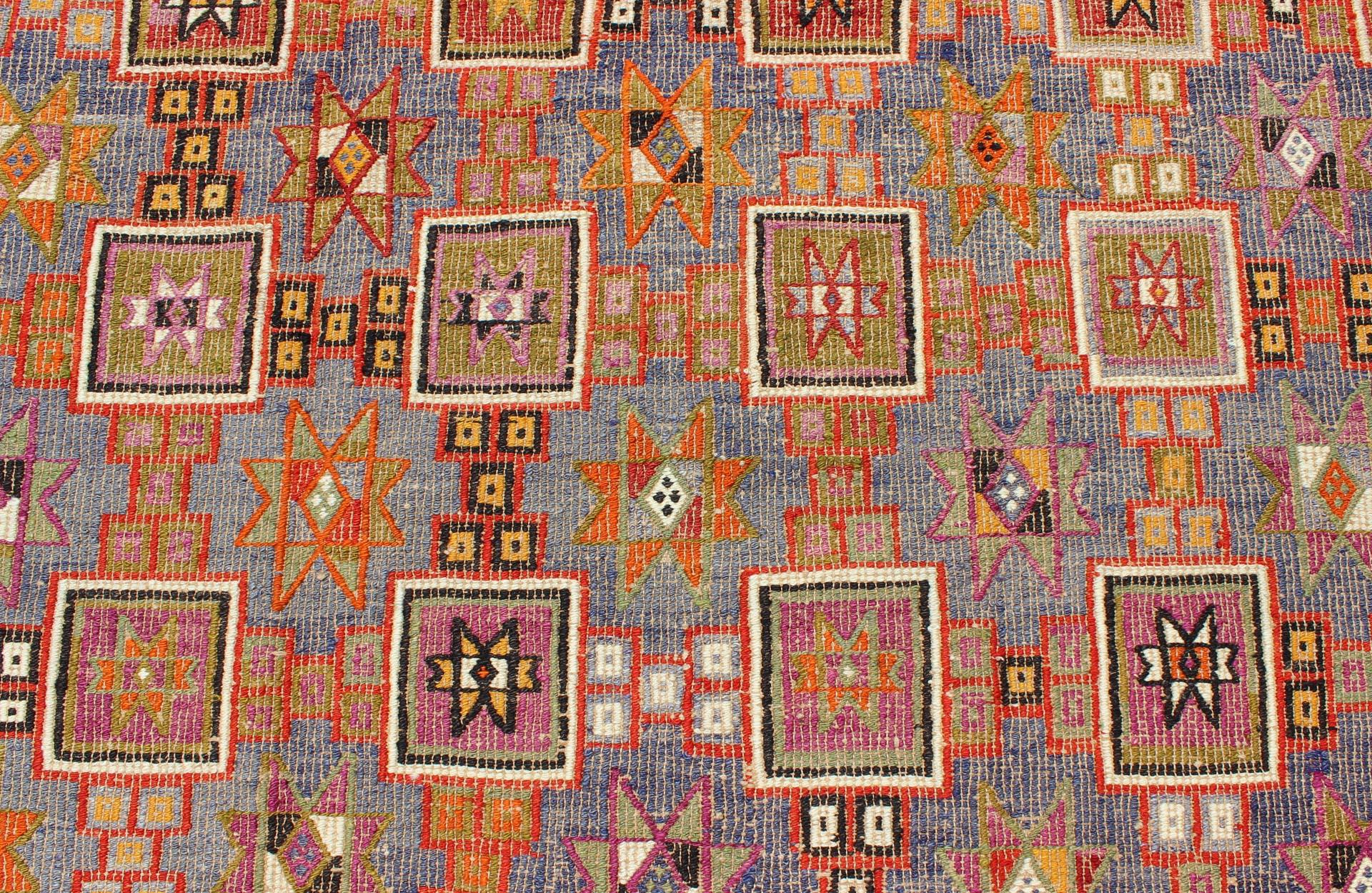 Vintage Embroidered Flat Weave Kilim Rug with Geometrics and Squared Design 3