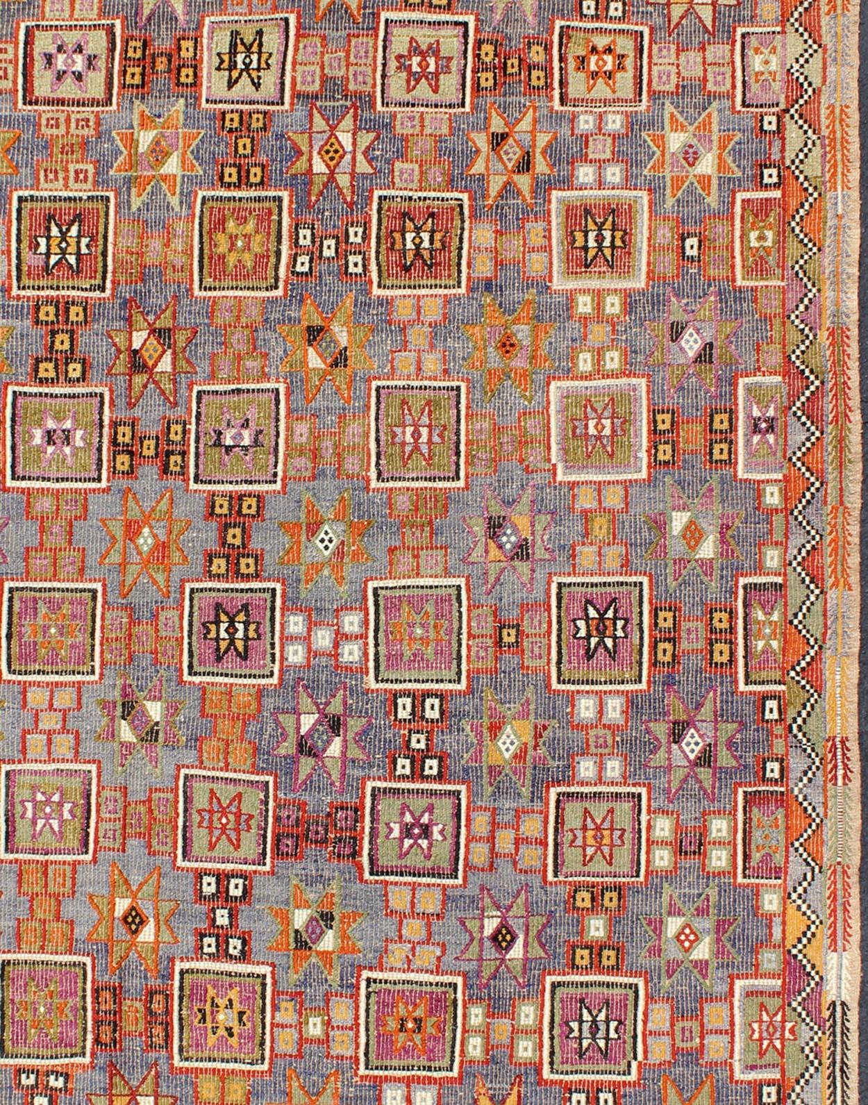 Hand-Knotted Vintage Embroidered Flat Weave Kilim Rug with Geometrics and Squared Design