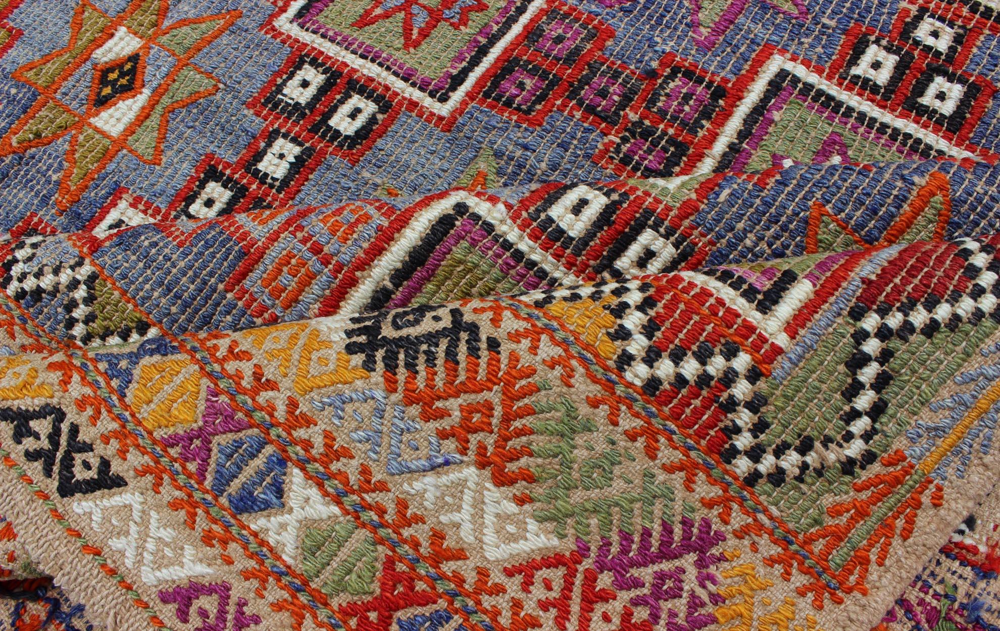 Vintage Embroidered Flat Weave Kilim Rug with Geometrics and Squared Design In Good Condition In Atlanta, GA