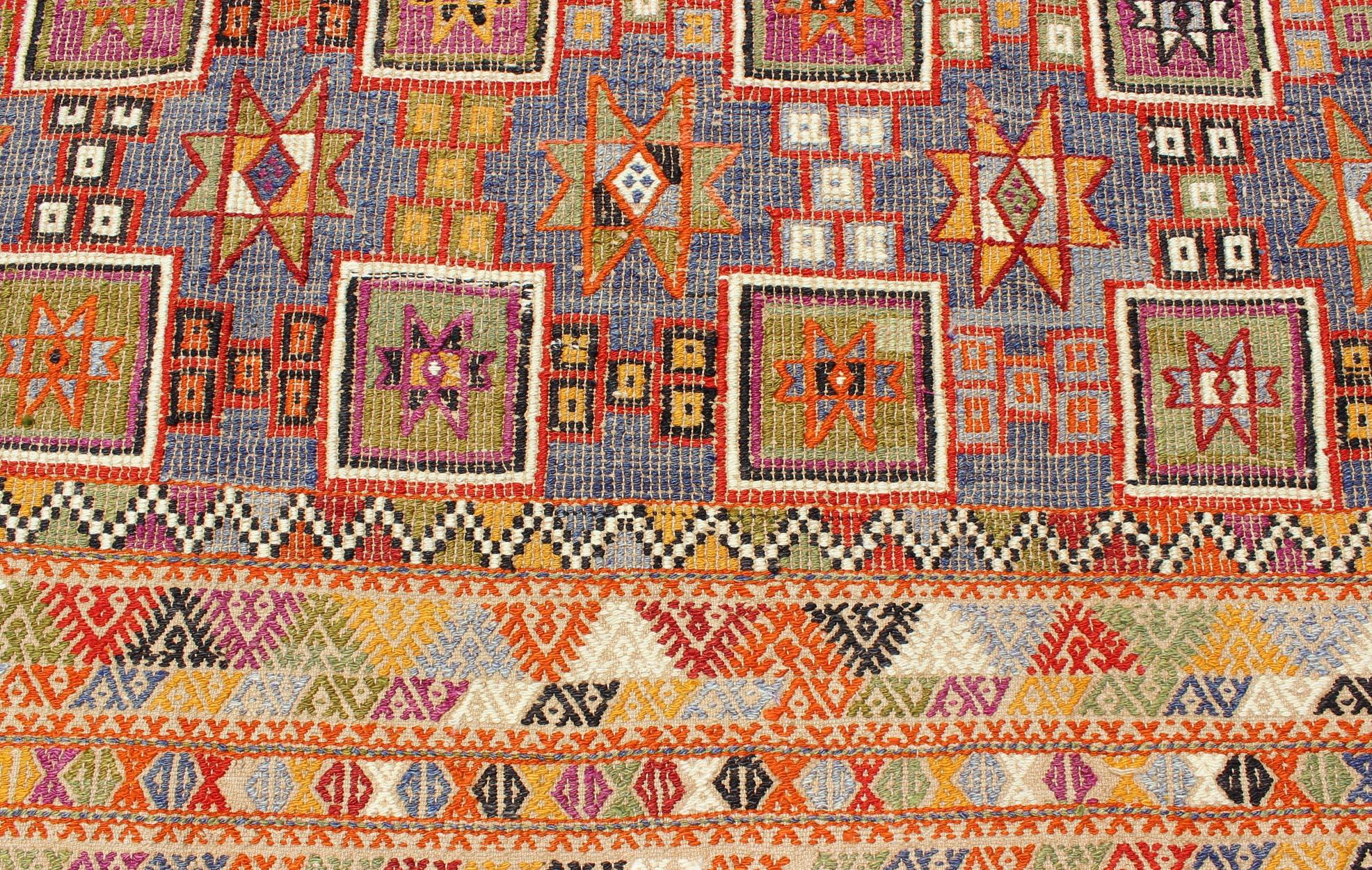 Mid-20th Century Vintage Embroidered Flat Weave Kilim Rug with Geometrics and Squared Design