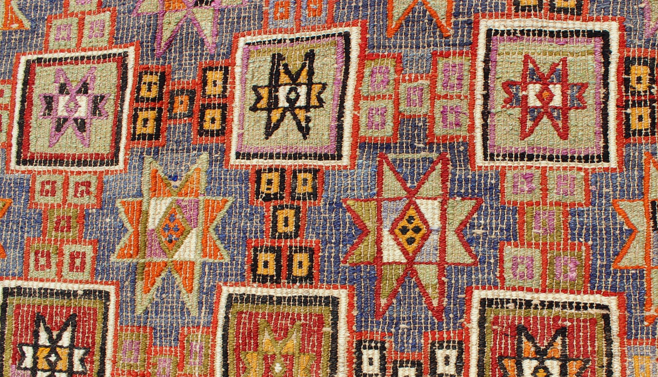 Wool Vintage Embroidered Flat Weave Kilim Rug with Geometrics and Squared Design