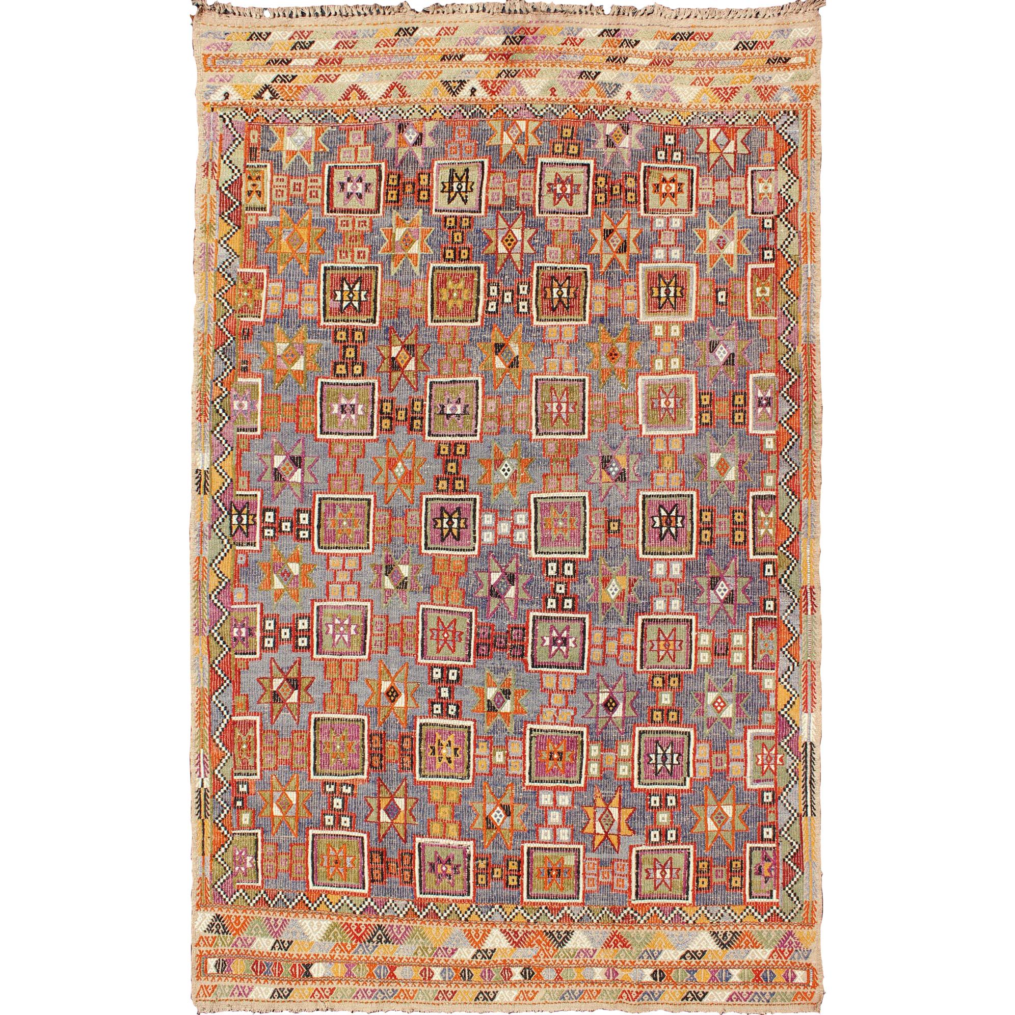 Vintage Embroidered Flat Weave Kilim Rug with Geometrics and Squared Design