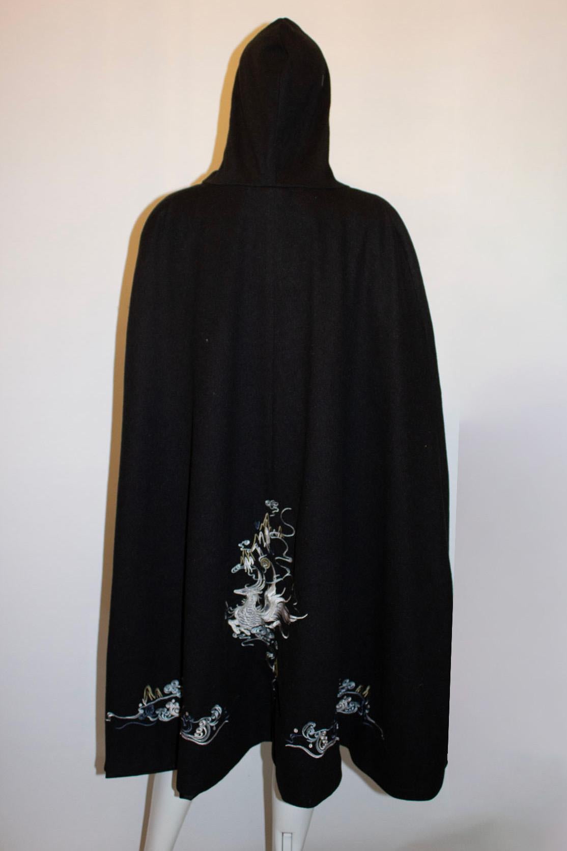 Black Vintage Embroidered Hooded Cape For Sale