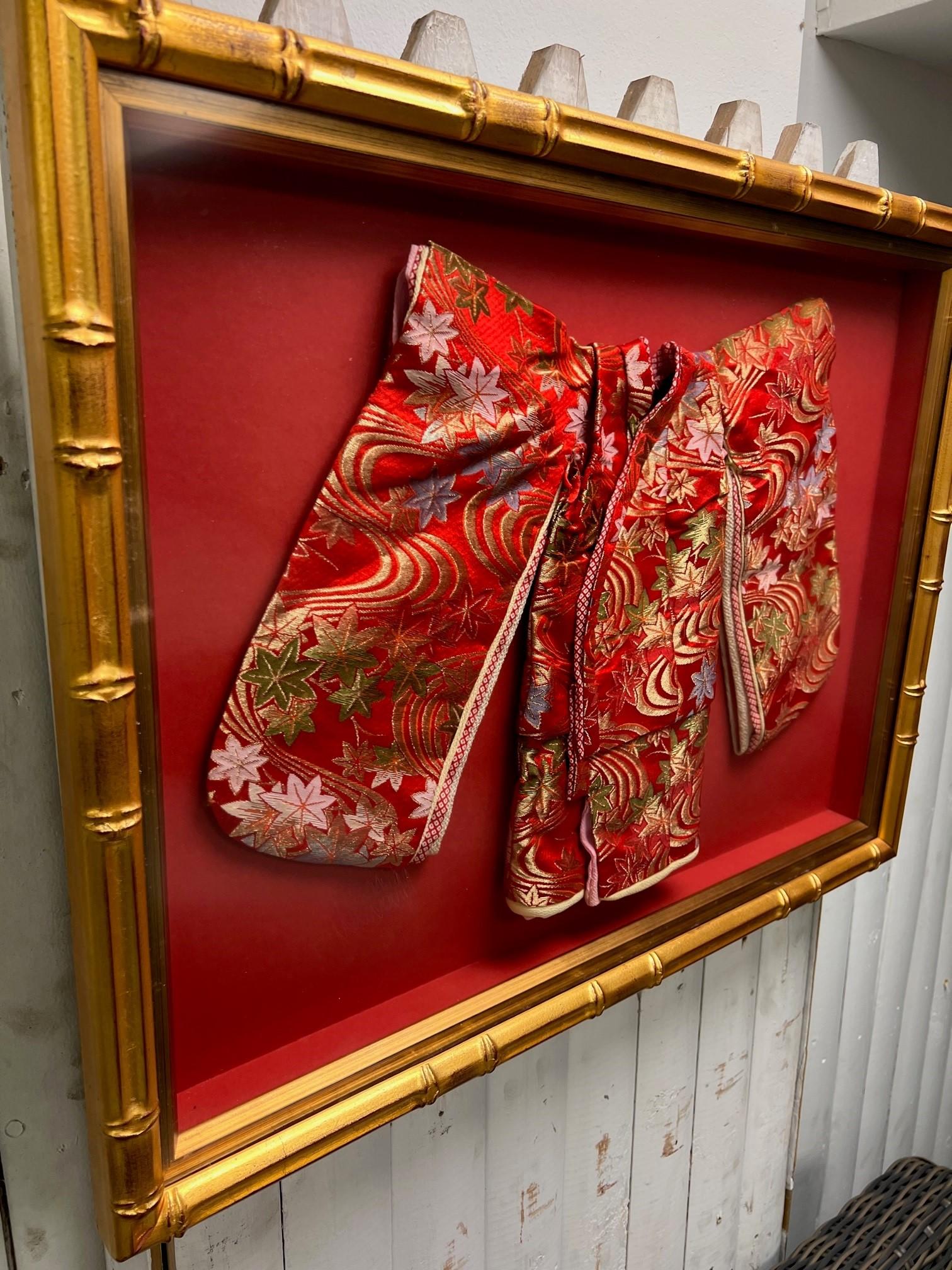 Brocade Vintage Embroidered Japanese Ceremonial Child's Kimono in a Gold Bamboo Frame For Sale