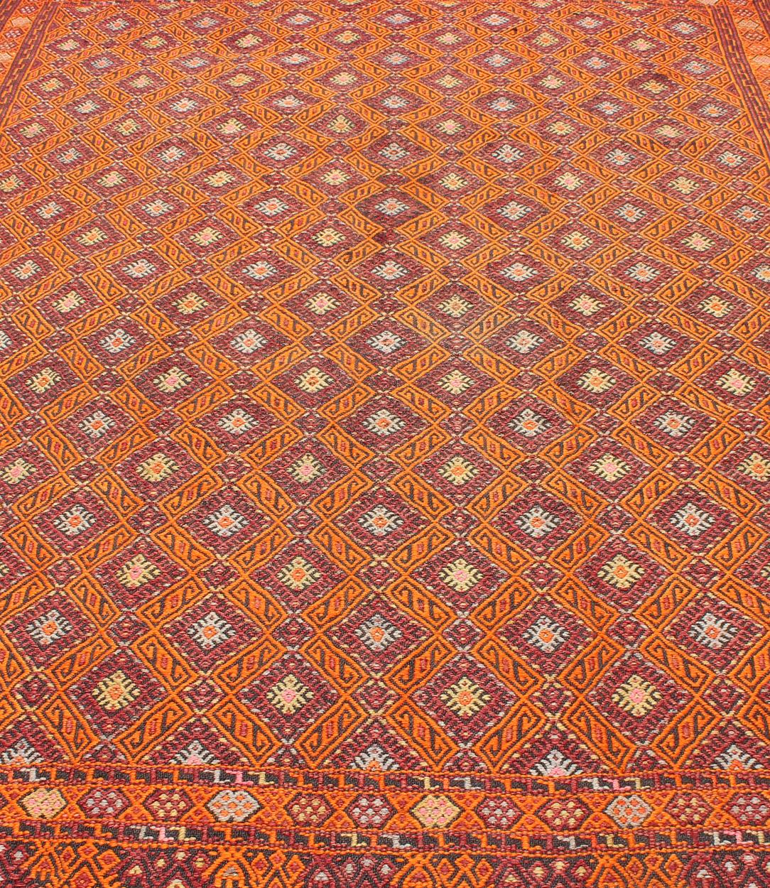 Vintage Embroidered Kilim in Orange, Red, light Blue and yellow Colors 2