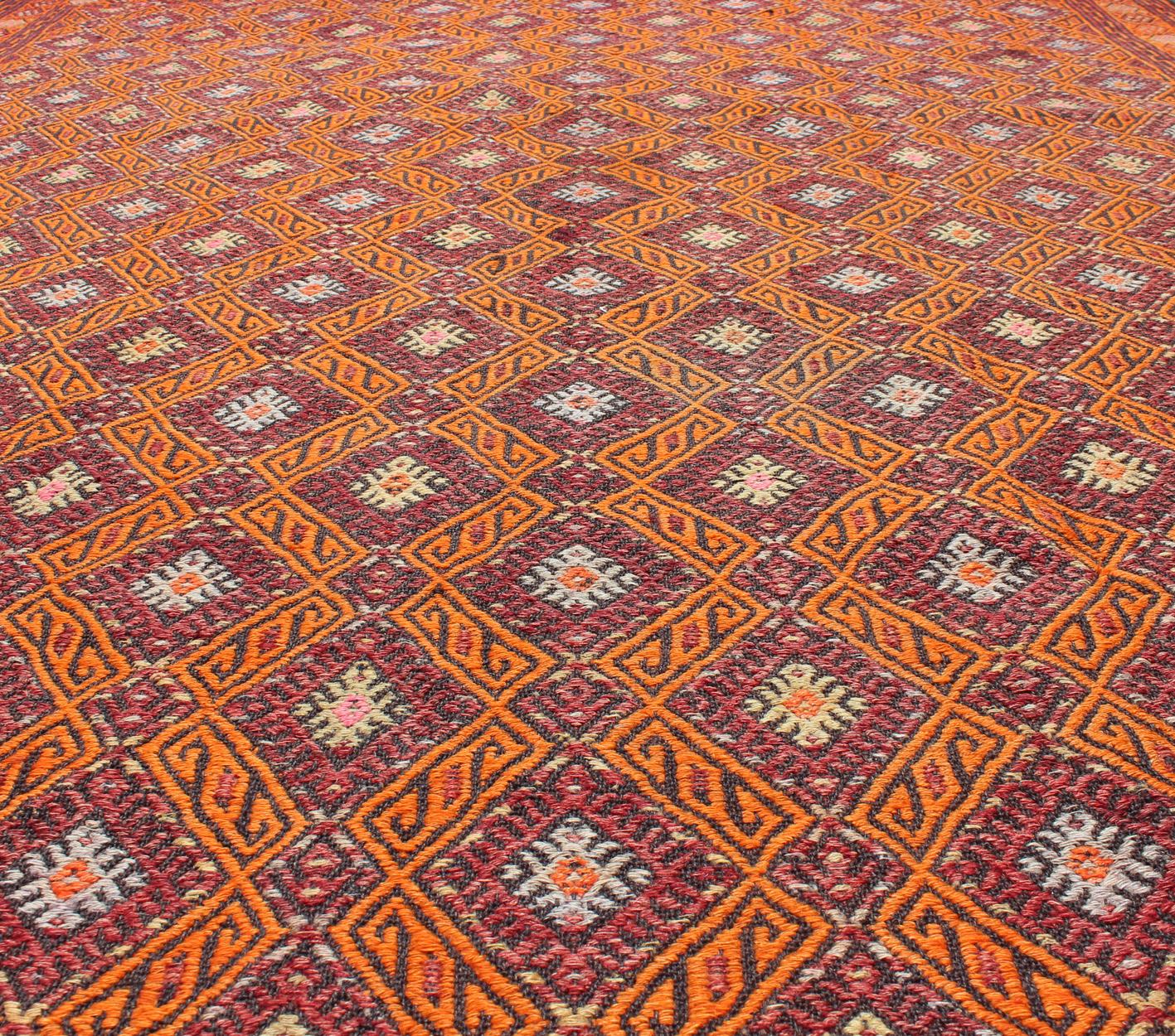 Vintage Embroidered Kilim in Orange, Red, light Blue and yellow Colors 3