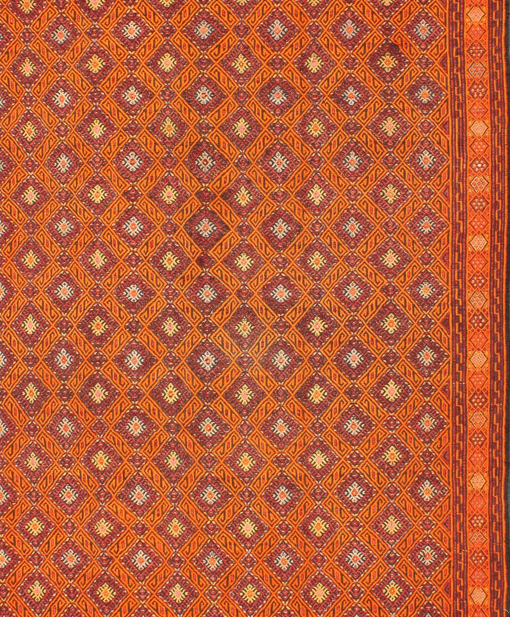 Turkish Vintage Embroidered Kilim in Orange, Red, light Blue and yellow Colors