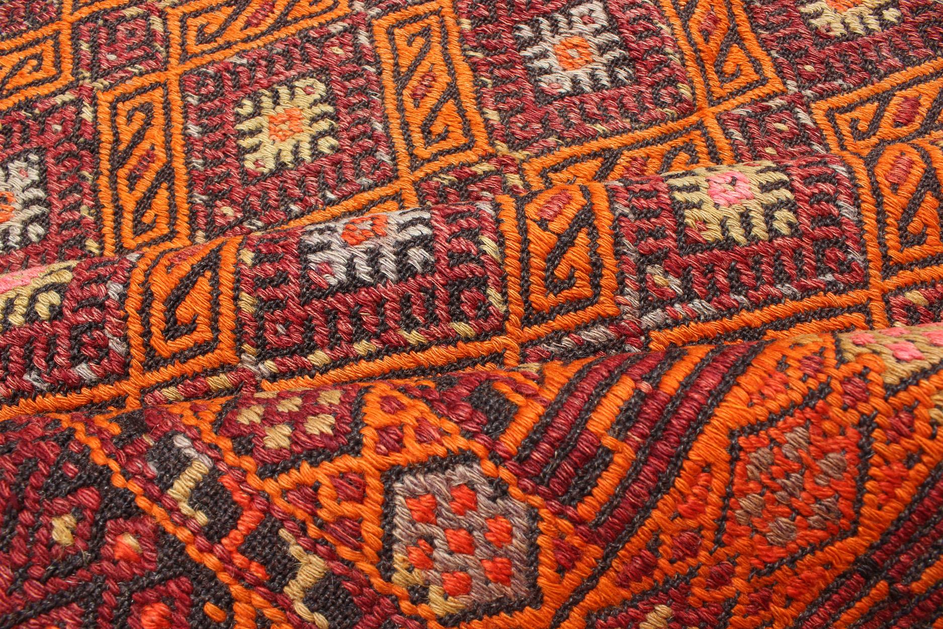 Hand-Knotted Vintage Embroidered Kilim in Orange, Red, light Blue and yellow Colors