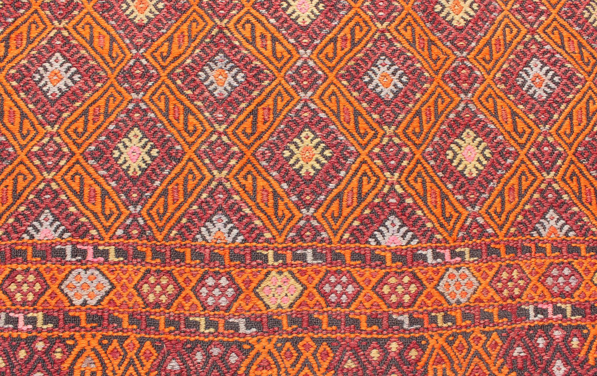 Mid-20th Century Vintage Embroidered Kilim in Orange, Red, light Blue and yellow Colors