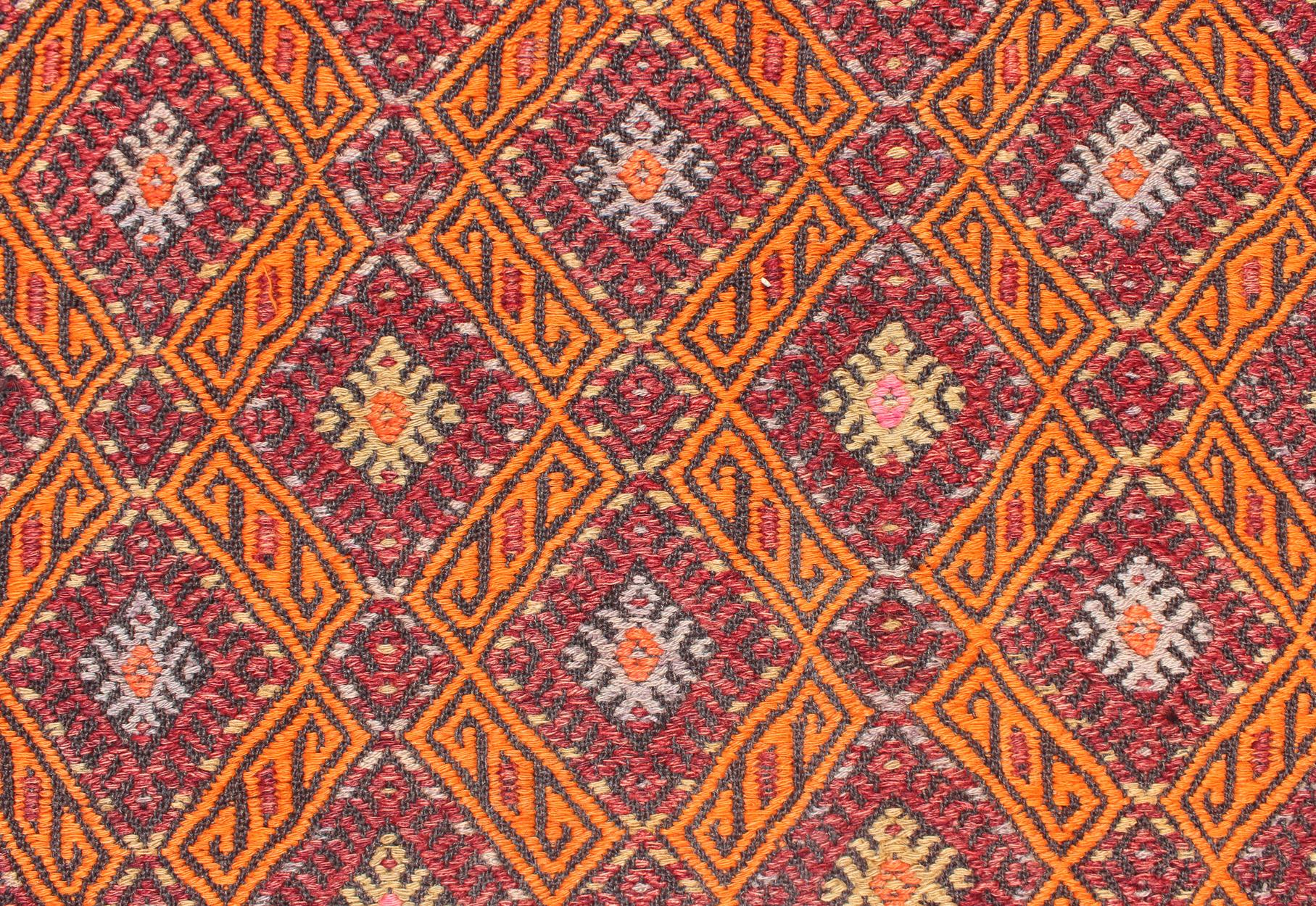 Wool Vintage Embroidered Kilim in Orange, Red, light Blue and yellow Colors