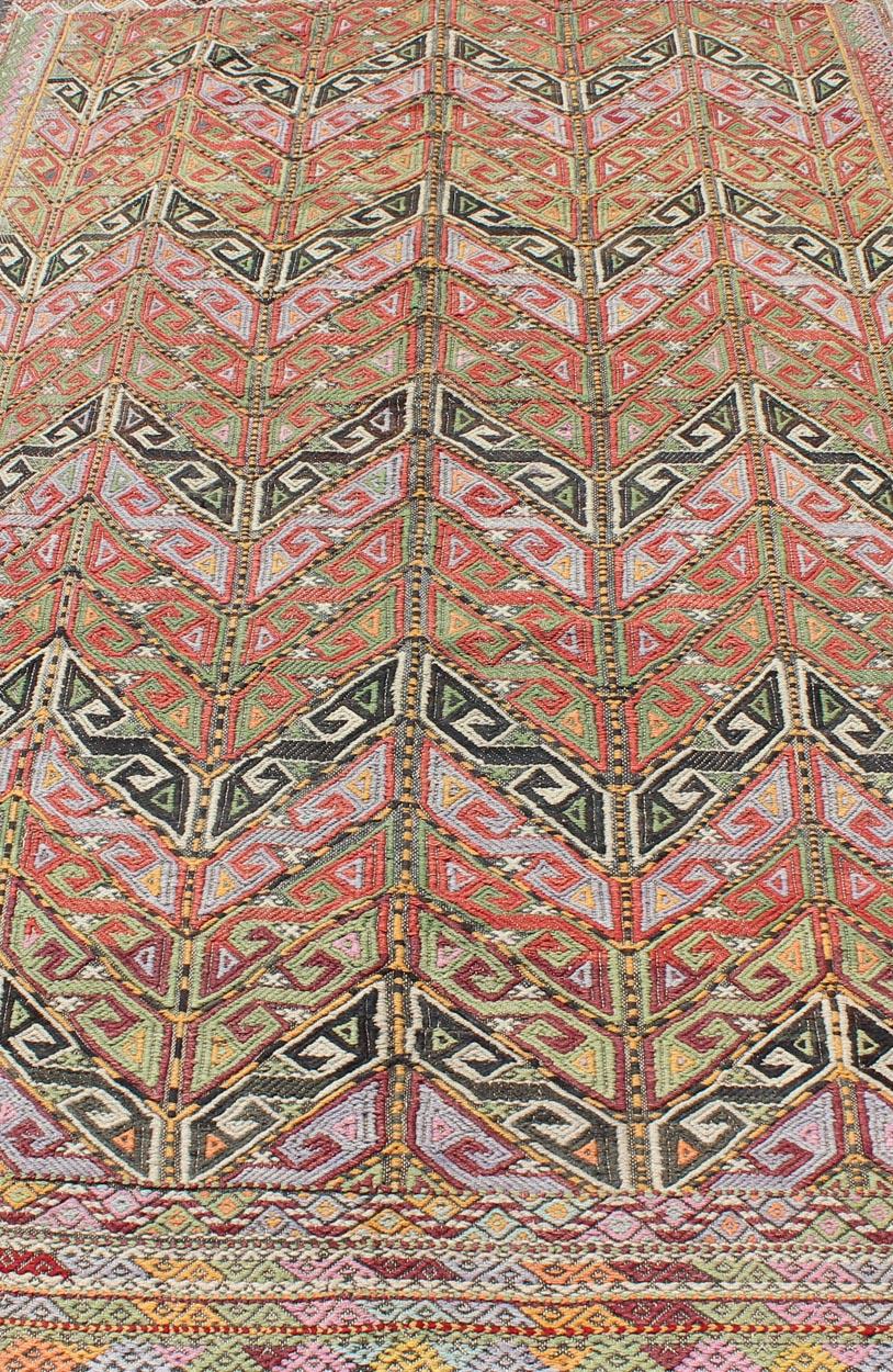 Vintage Embroidered Kilim Jajeem Rug in Green, Red, Charcoal, Blue and Lavender For Sale 5