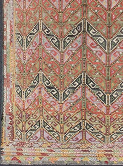 Vintage Embroidered Kilim Jajeem Rug in Green, Red, Charcoal, Blue and Lavender