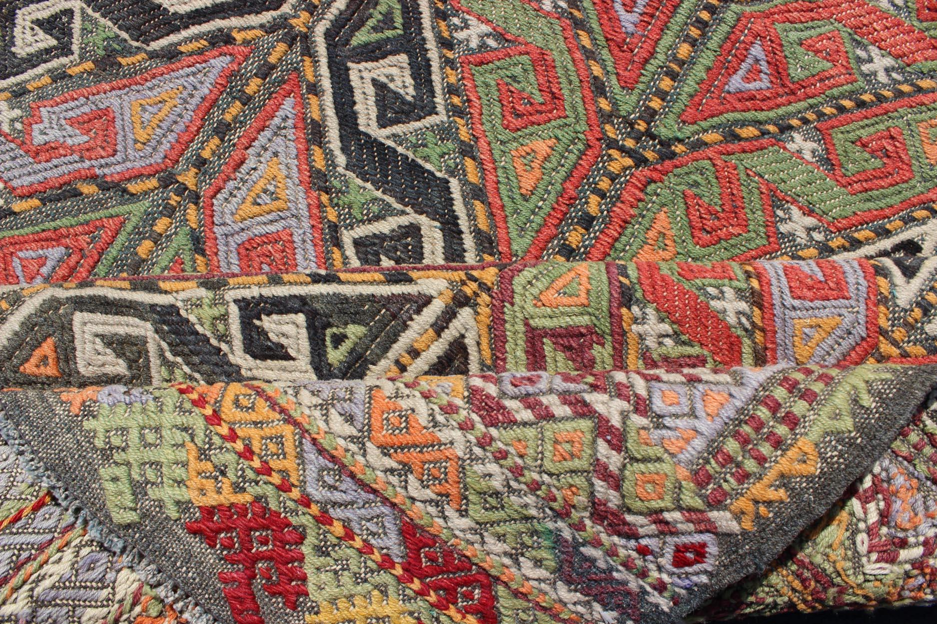 20th Century Vintage Embroidered Kilim Jajeem Rug in Green, Red, Charcoal, Blue and Lavender For Sale