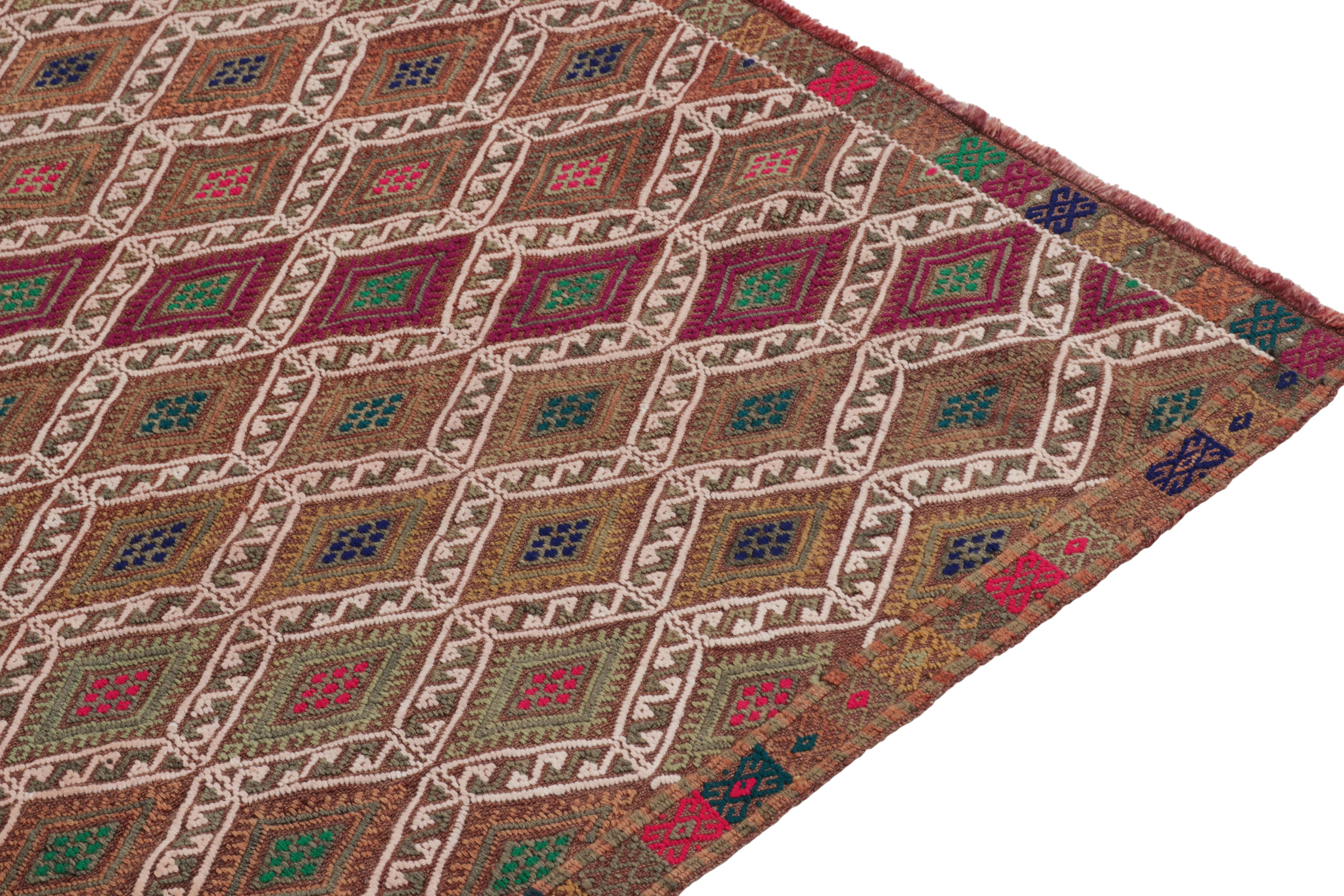 Turkish Vintage Embroidered Kilim Rug in Brown, White Geometric Pattern by Rug & Kilim For Sale