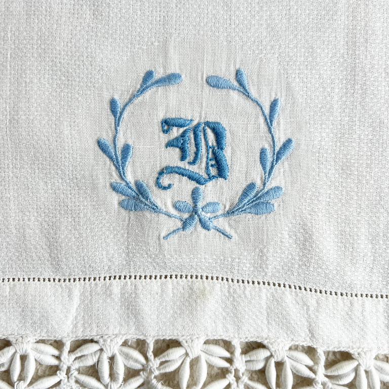 Victorian Vintage Embroidered Lace Tea Towel with Letter H in Blue For Sale