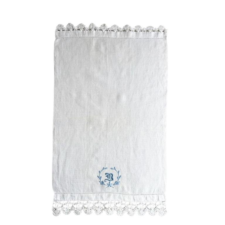 American Vintage Embroidered Lace Tea Towel with Letter H in Blue For Sale