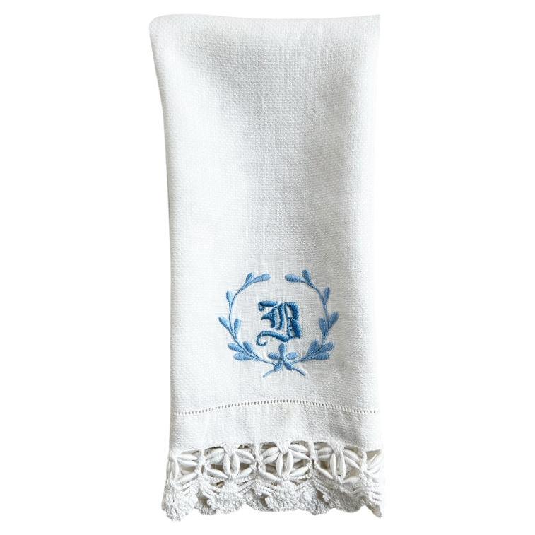 Vintage Embroidered Lace Tea Towel with Letter H in Blue For Sale