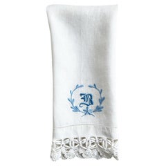 Vintage Embroidered Lace Tea Towel with Letter H in Blue