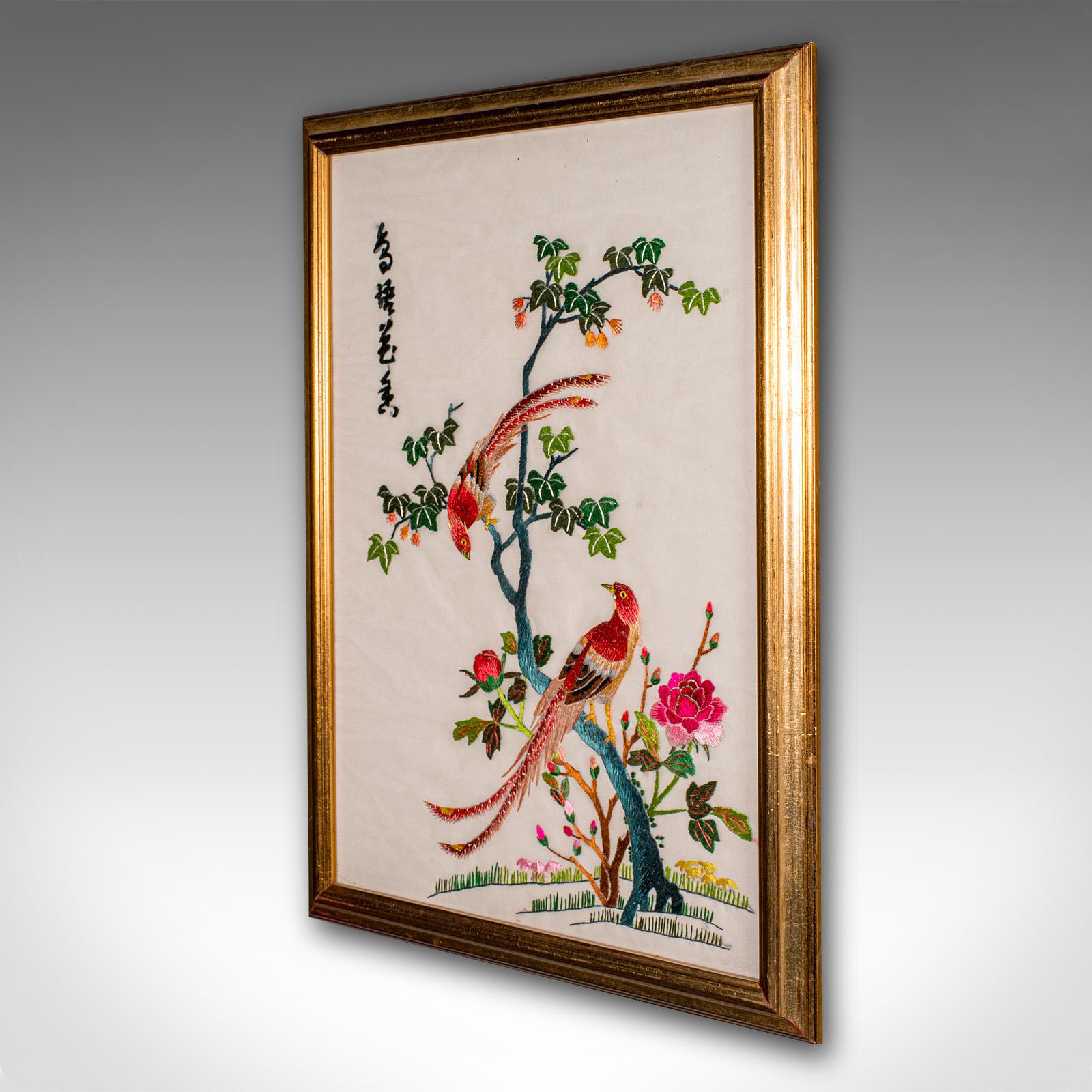 Art Déco Pannello ricamato vintage, coreano, seta, cotone, ricamo, motivo di uccelli, Art Deco in vendita