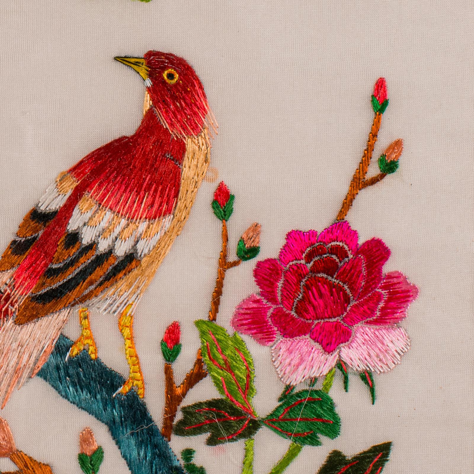 Seta Pannello ricamato vintage, coreano, seta, cotone, ricamo, motivo di uccelli, Art Deco in vendita