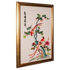 Vintage Embroidered Panel, Korean, Silk Cotton, Embroidery, Bird Motif, Art Deco