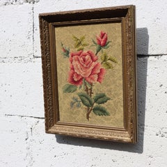 Vintage Embroidered Picture "Beautiful Rose" in a Golden Frame