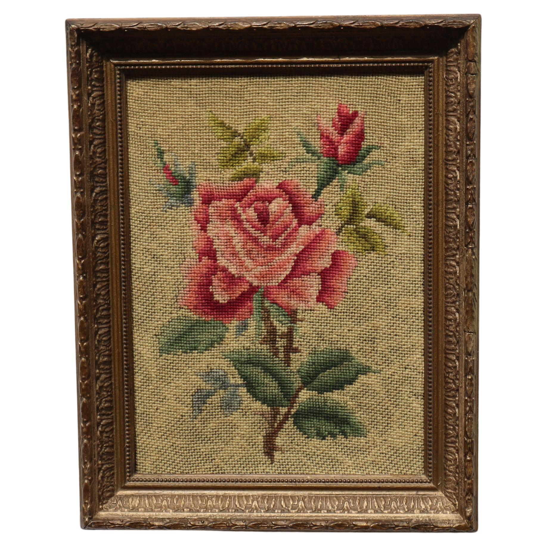 Cuadro Vintage Bordado "Bella Rosa" en un Marco Dorado