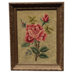 Vintage Embroidered Picture "Beautiful Rose" in a Golden Frame 
