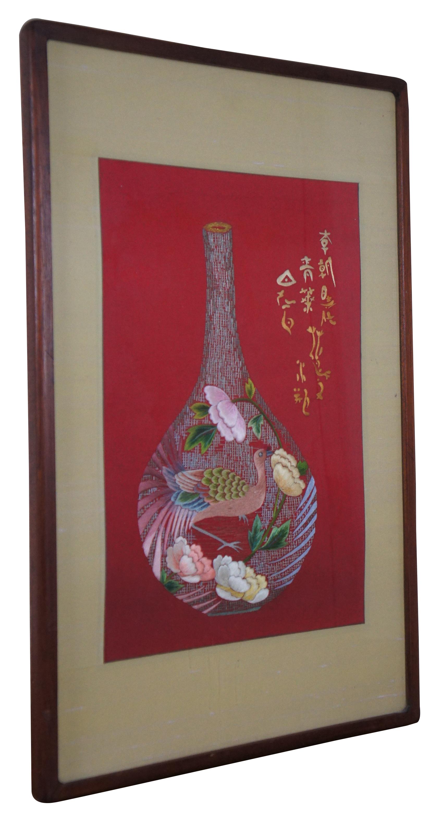 Chinoiserie Antique Joseon Dynasty Embroidered Silk Textile Floral Bird Vase Calligraphy 31