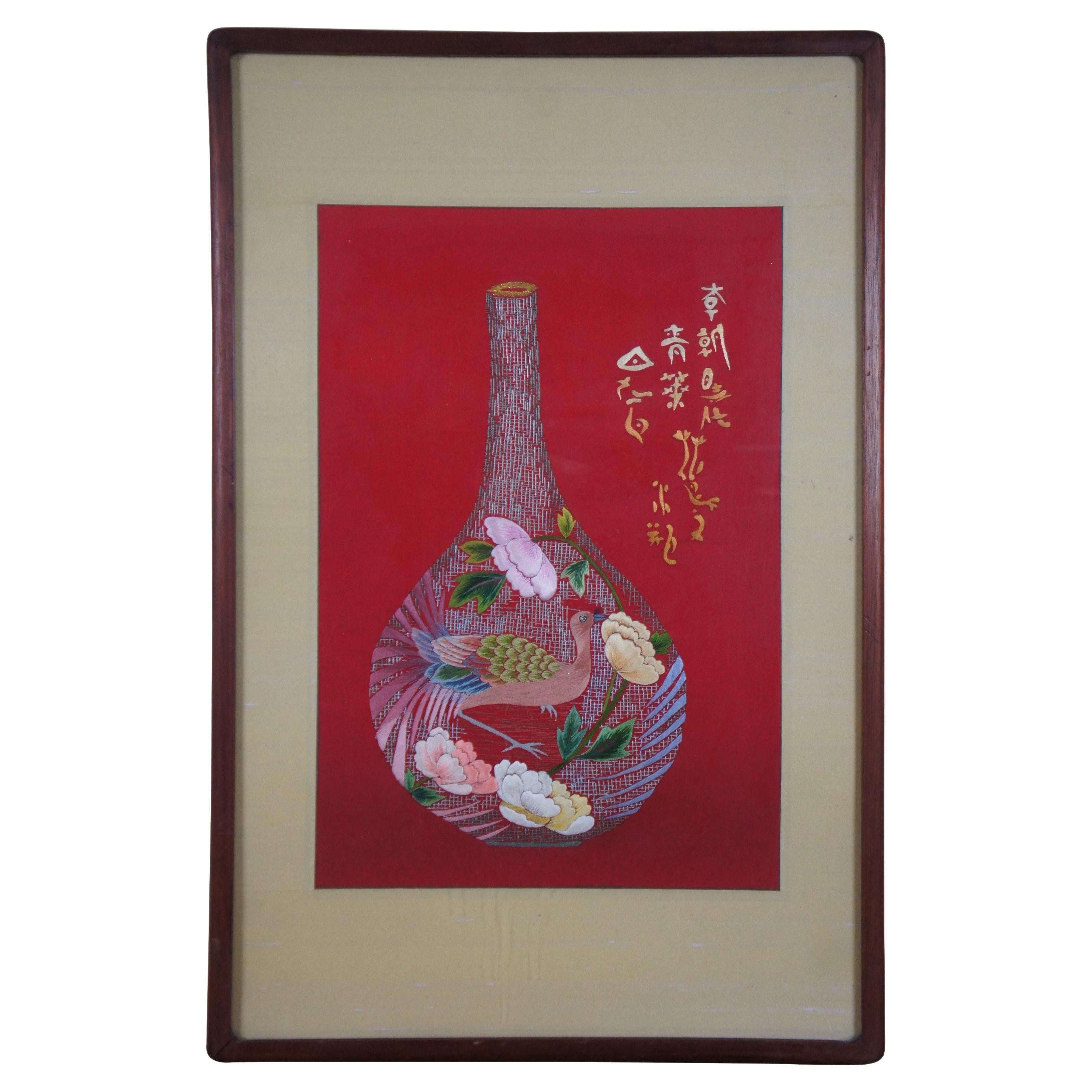 Antique Joseon Dynasty Embroidered Silk Textile Floral Bird Vase Calligraphy 31" For Sale