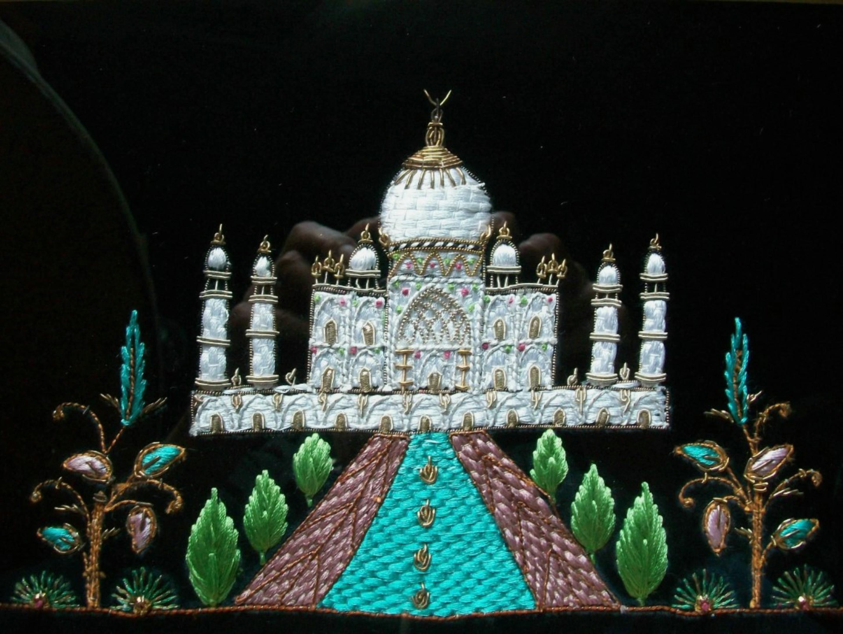 Vintage embroidery of the iconic architectural marvel - TAJ MAHAL (Agra - India) - completely hand-worked with gilt and multi-colored satin threads - velvet background - circa 1970's.  Vintage faux bamboo shadow-box gilt frame - with glass and