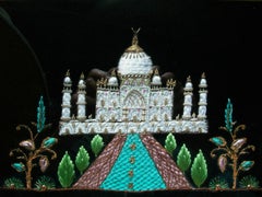 Vintage Embroidered Taj Mahal - Faux Bamboo Shadow Box Frame - Circa 1970's