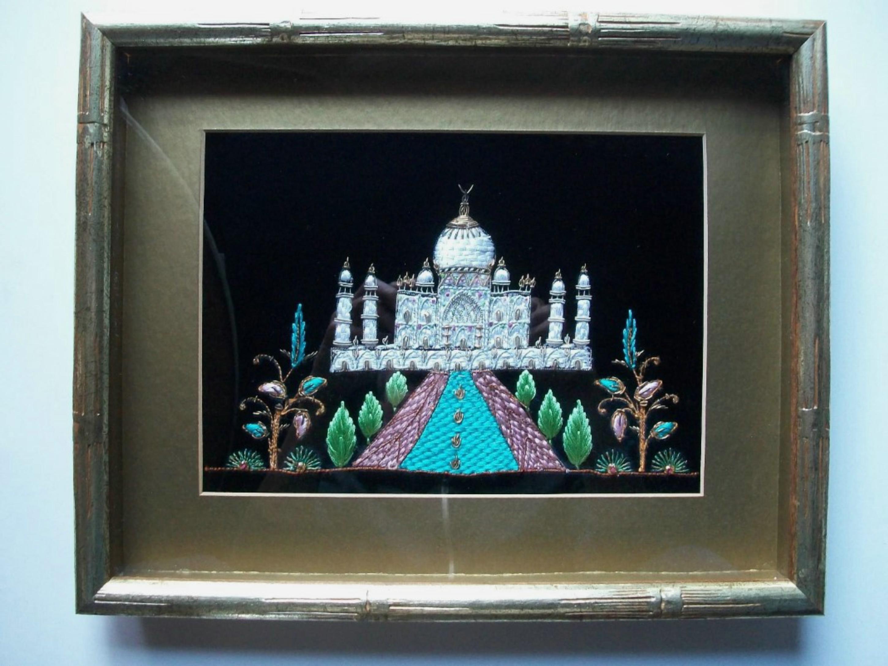 Indian Vintage Embroidered Taj Mahal - Faux Bamboo Shadow Box Frame - Circa 1970's For Sale