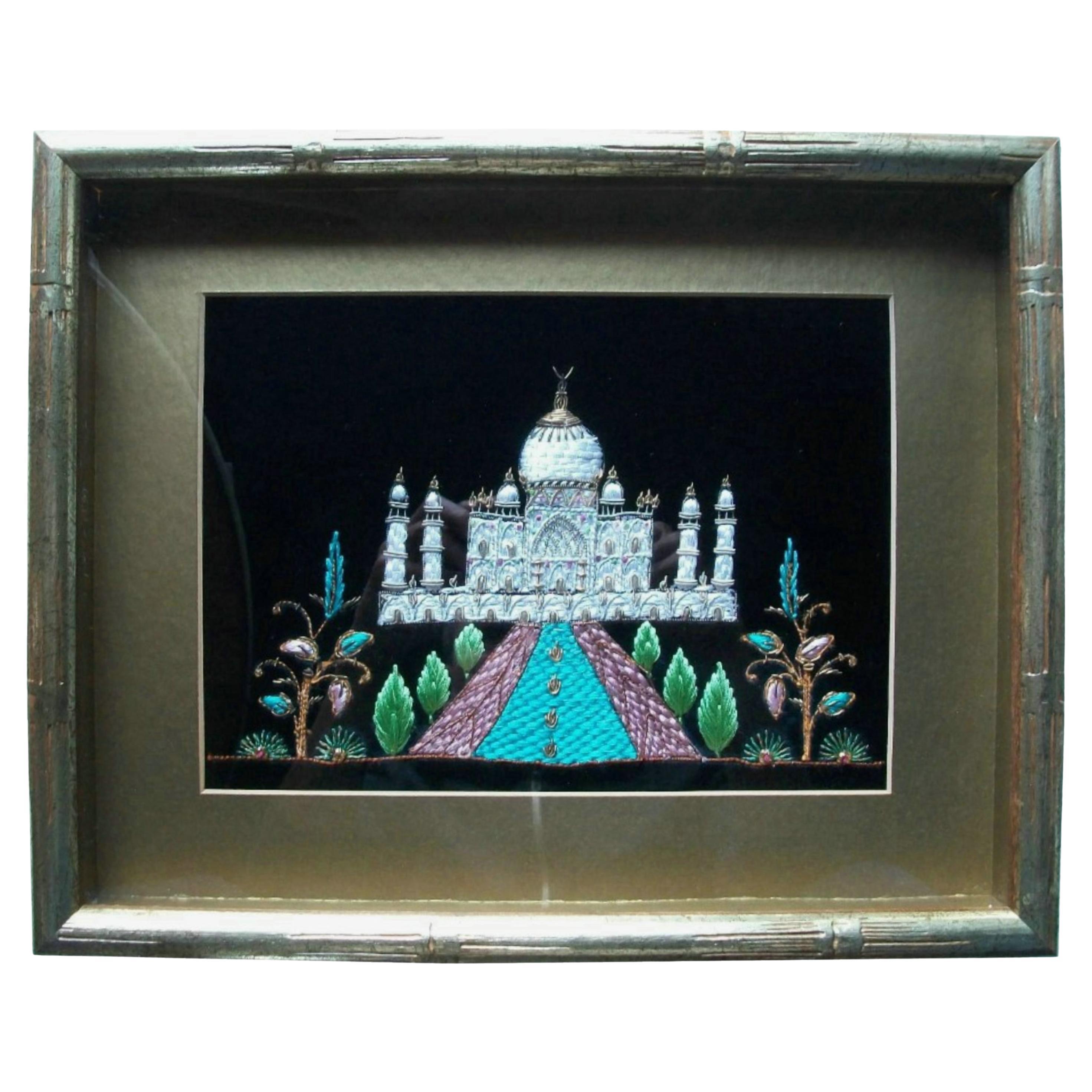Vintage Embroidered Taj Mahal - Faux Bamboo Shadow Box Frame - Circa 1970's For Sale