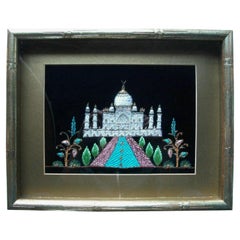 Vintage Embroidered Taj Mahal - Faux Bamboo Shadow Box Frame - Circa 1970's