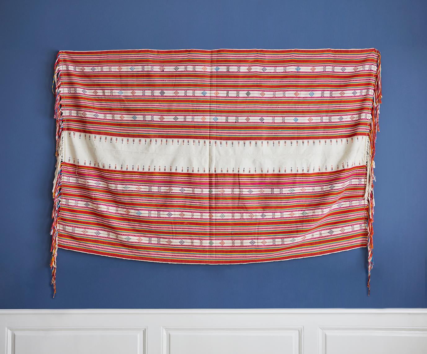 Indonesian Vintage Embroidered Textile in Cotton with Fringes, Indonesia, 20th Century