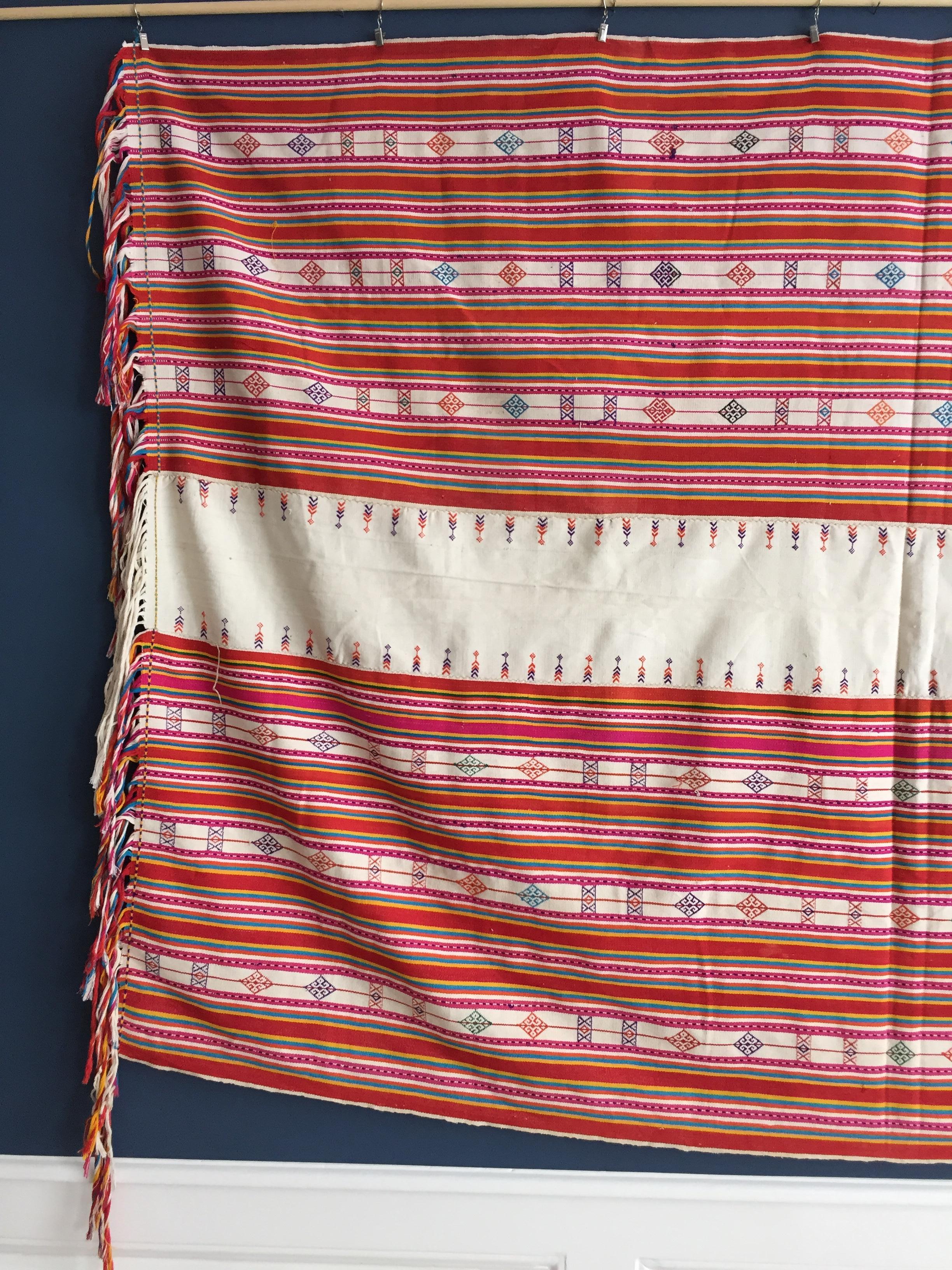Vintage Embroidered Textile in Cotton with Fringes, Indonesia, 20th Century 2