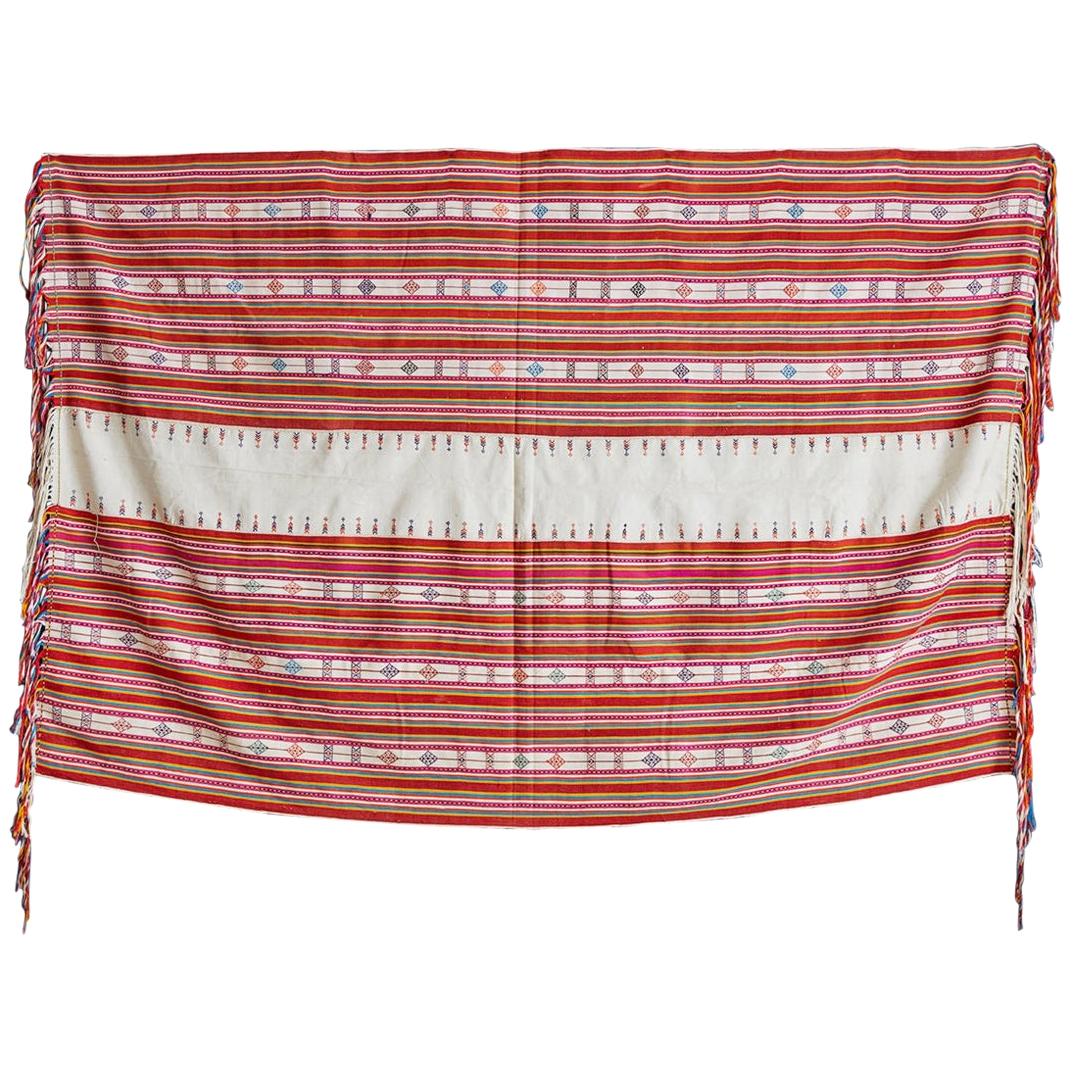 Vintage Embroidered Textile in Cotton with Fringes, Indonesia, 20th Century