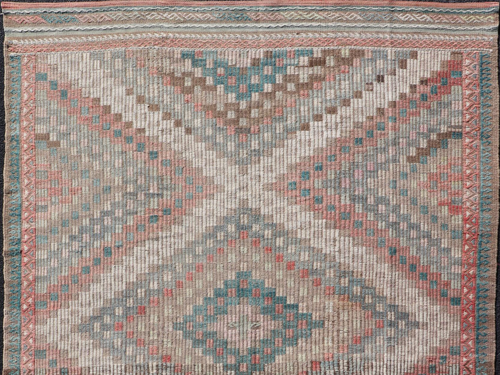 Kilim Vintage Embroidered Turkish Flat-Weave with Layered Diamond Design For Sale