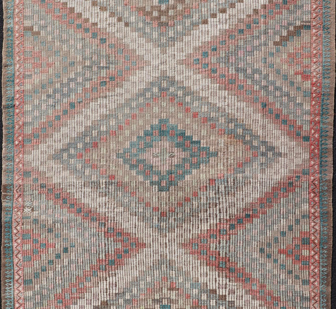 Hand-Knotted Vintage Embroidered Turkish Flat-Weave with Layered Diamond Design For Sale