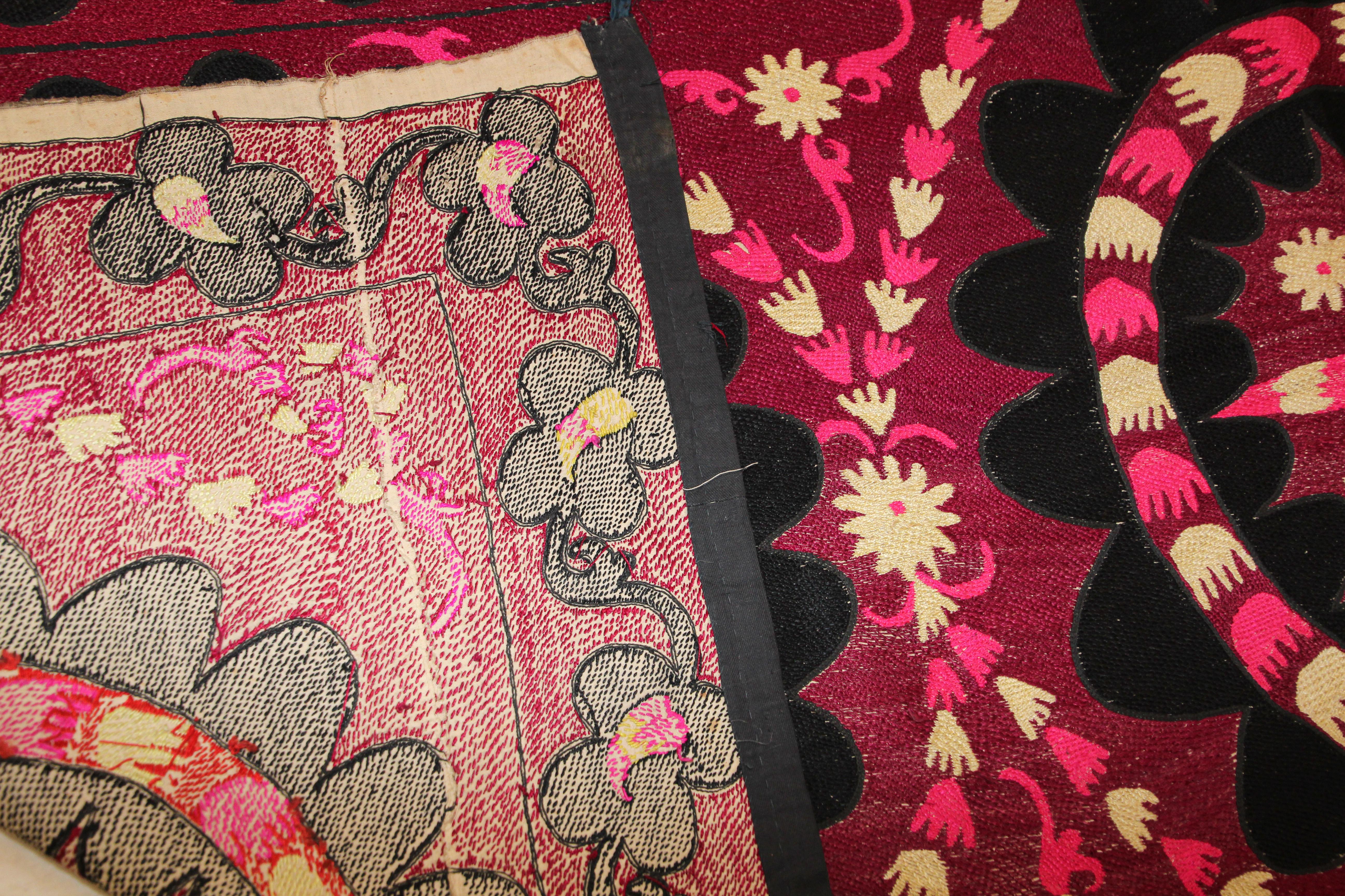 Vintage Embroidered Uzbek Suzani Pink and Black 3
