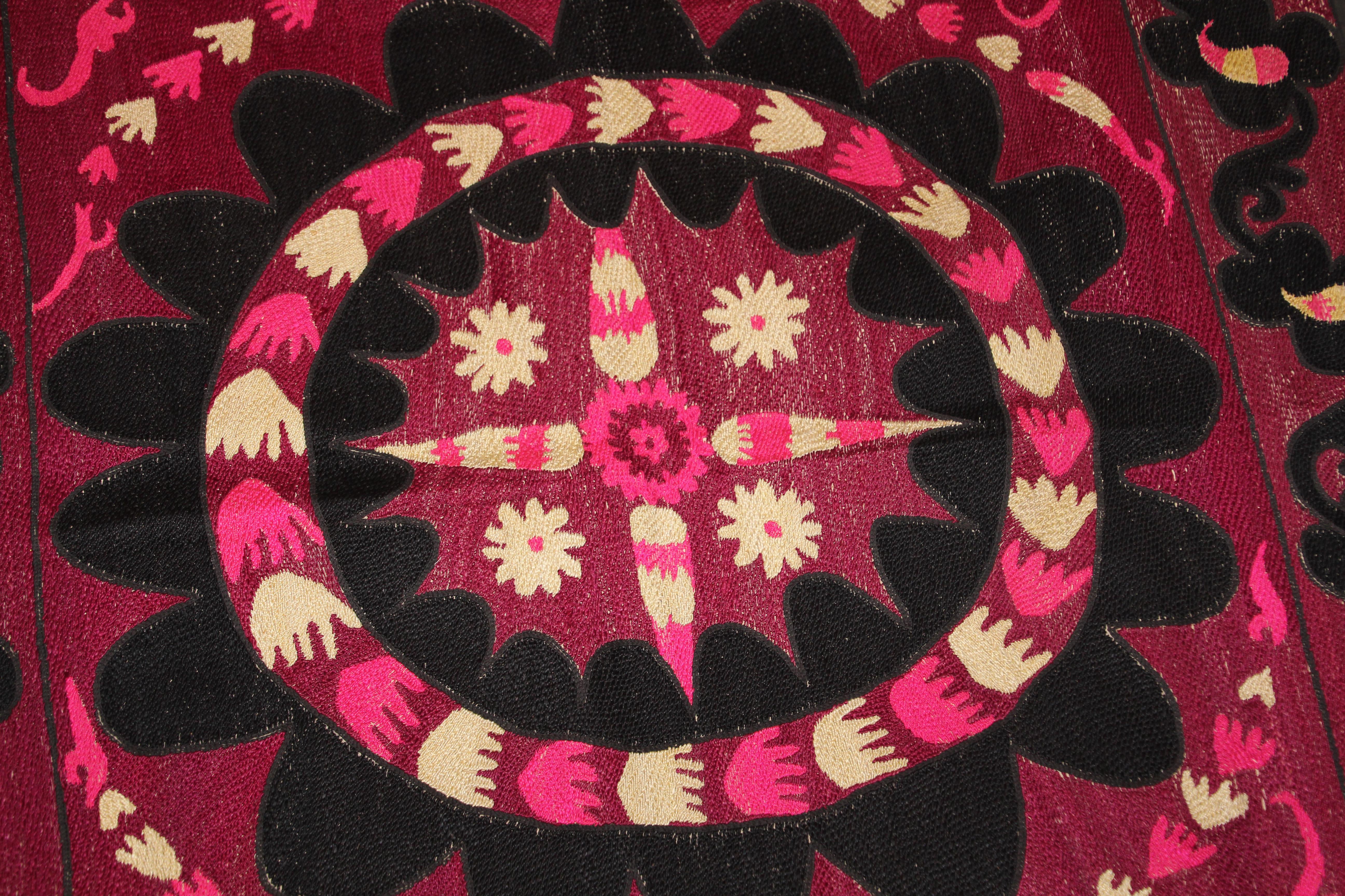 Vintage Embroidered Uzbek Suzani Pink and Black 4