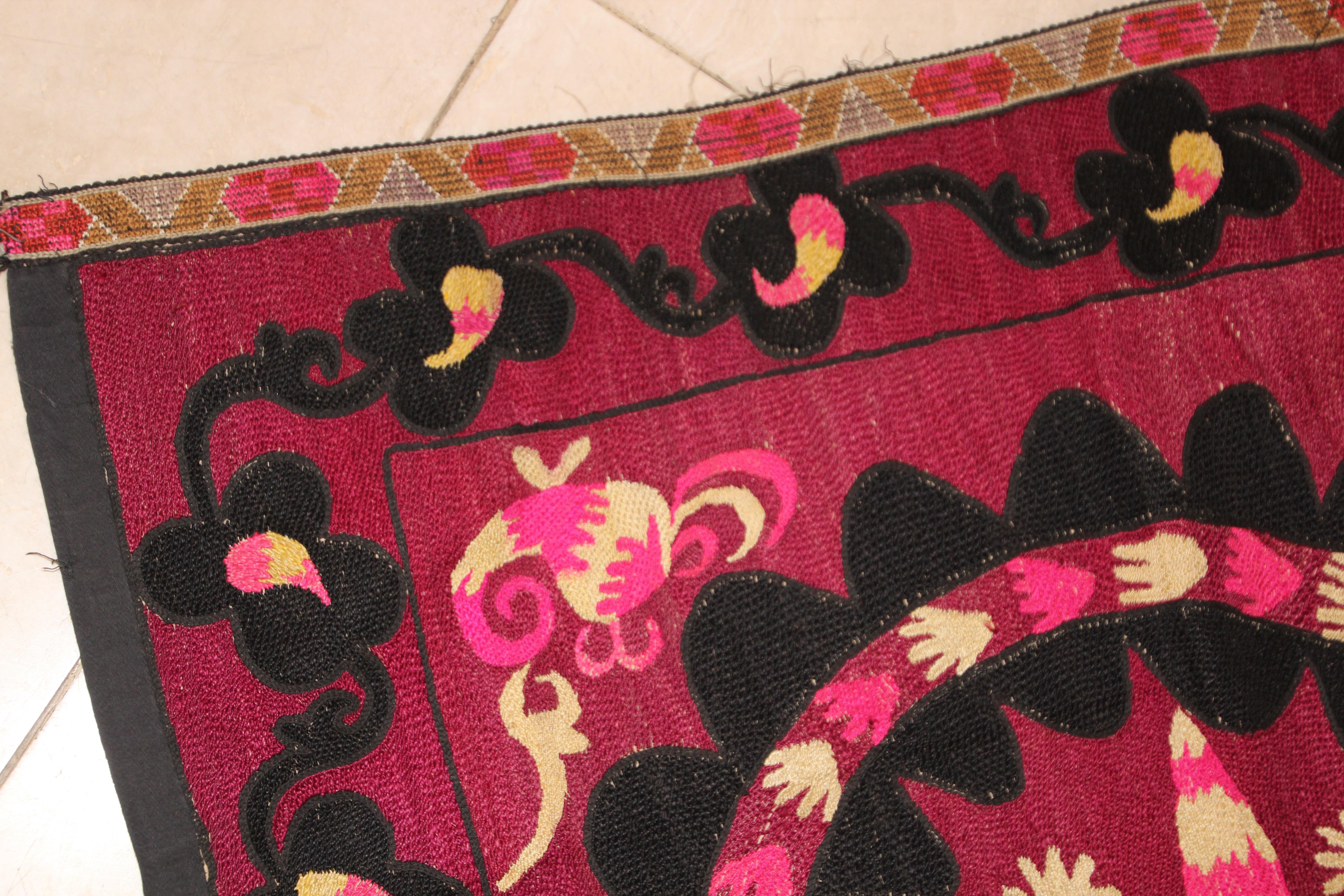 Vintage Embroidered Uzbek Suzani Pink and Black 5