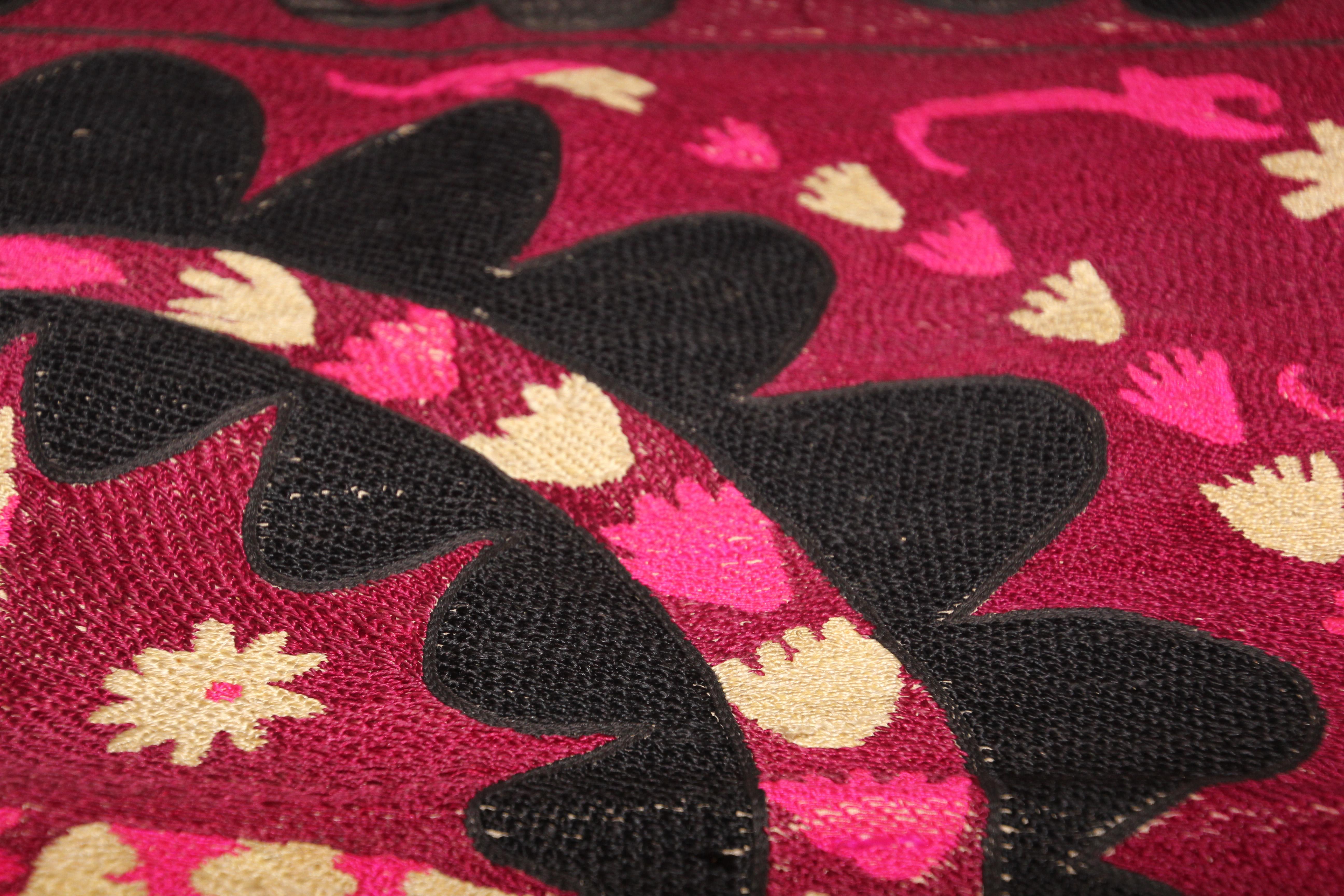 Vintage Embroidered Uzbek Suzani Pink and Black 7