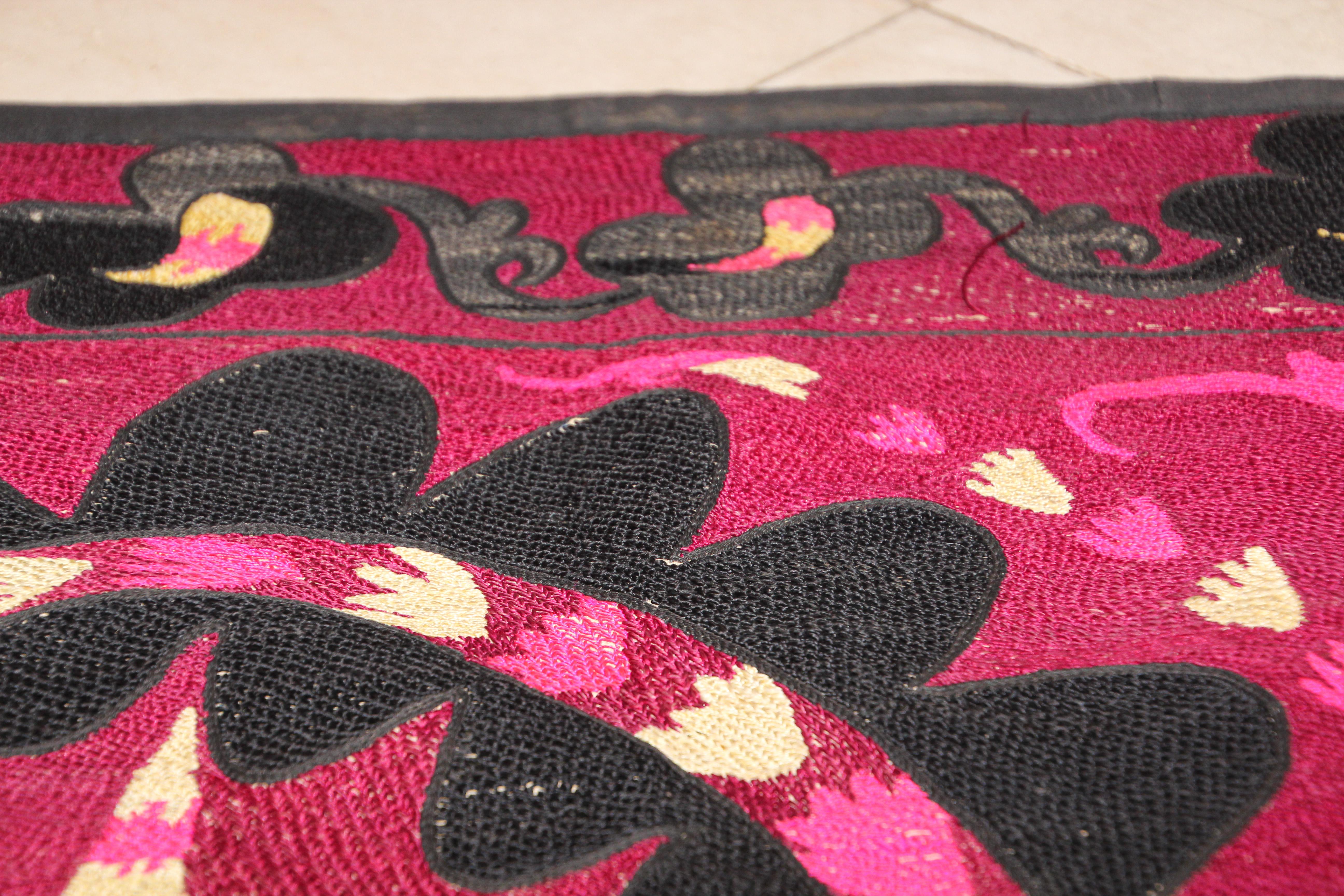 Vintage Embroidered Uzbek Suzani Pink and Black 8