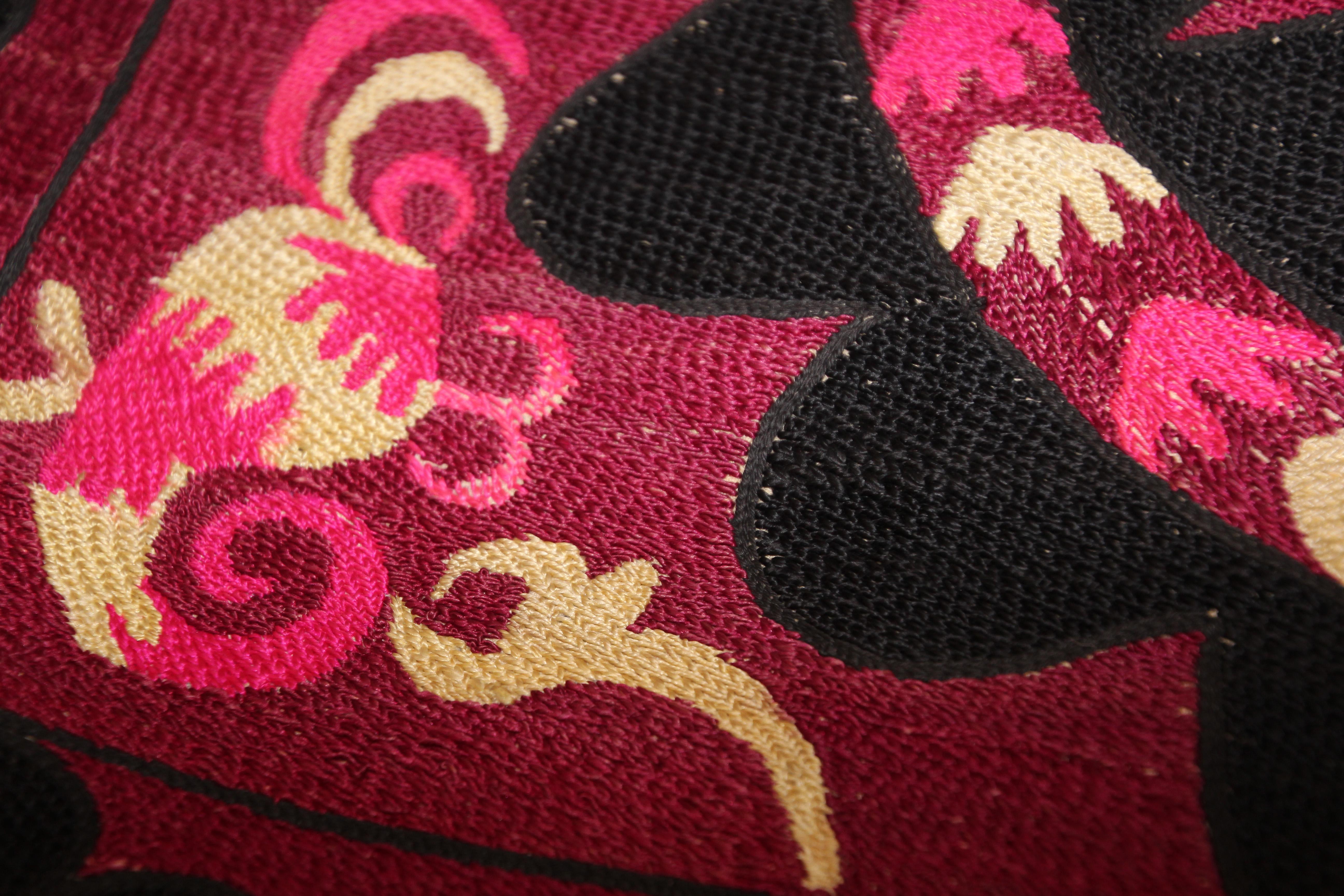 Vintage Embroidered Uzbek Suzani Pink and Black 9